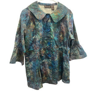 Frazzle Womens Jacket Size Large L Blue Green Geometric Cotton Lagenlook Artsy